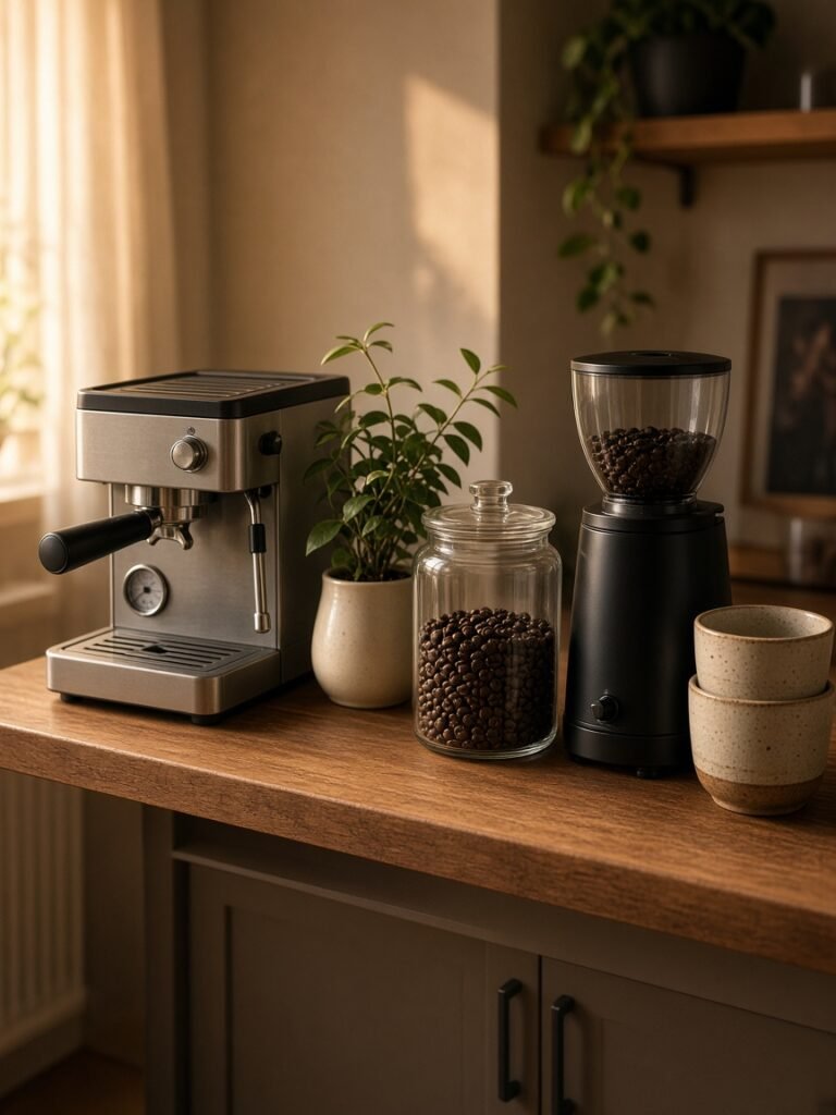 A home coffee corner with an espresso machine, grinder and jar of beans